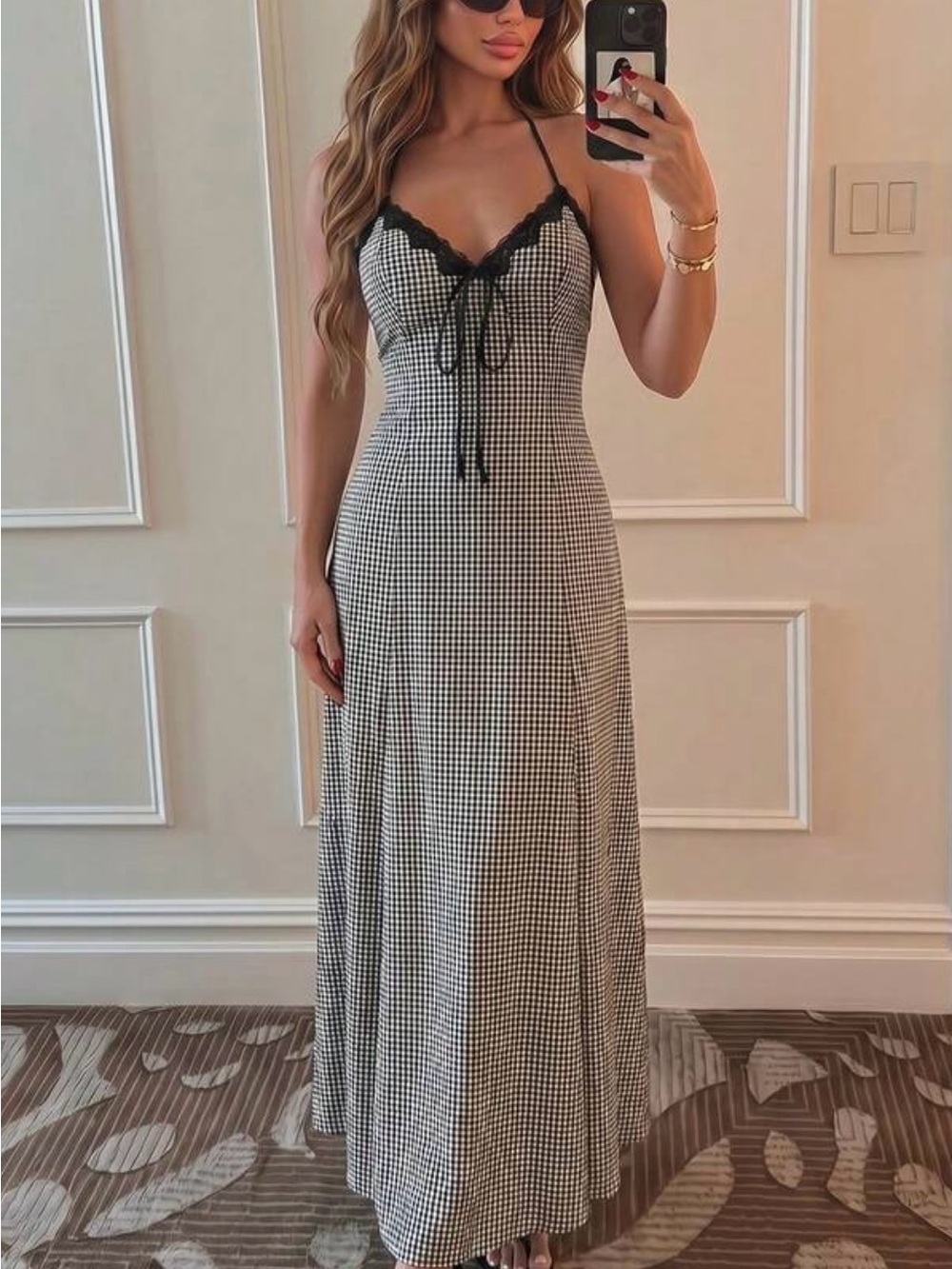 SHEIN Black & White Gingham Lace-Trim Spaghetti Strap Maxi Dress